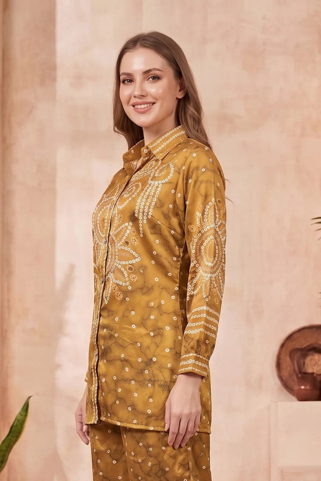 Mustard Modal Crepe Silk Bandhani Print Shirt with Floral Back Panel - Fashionchowk