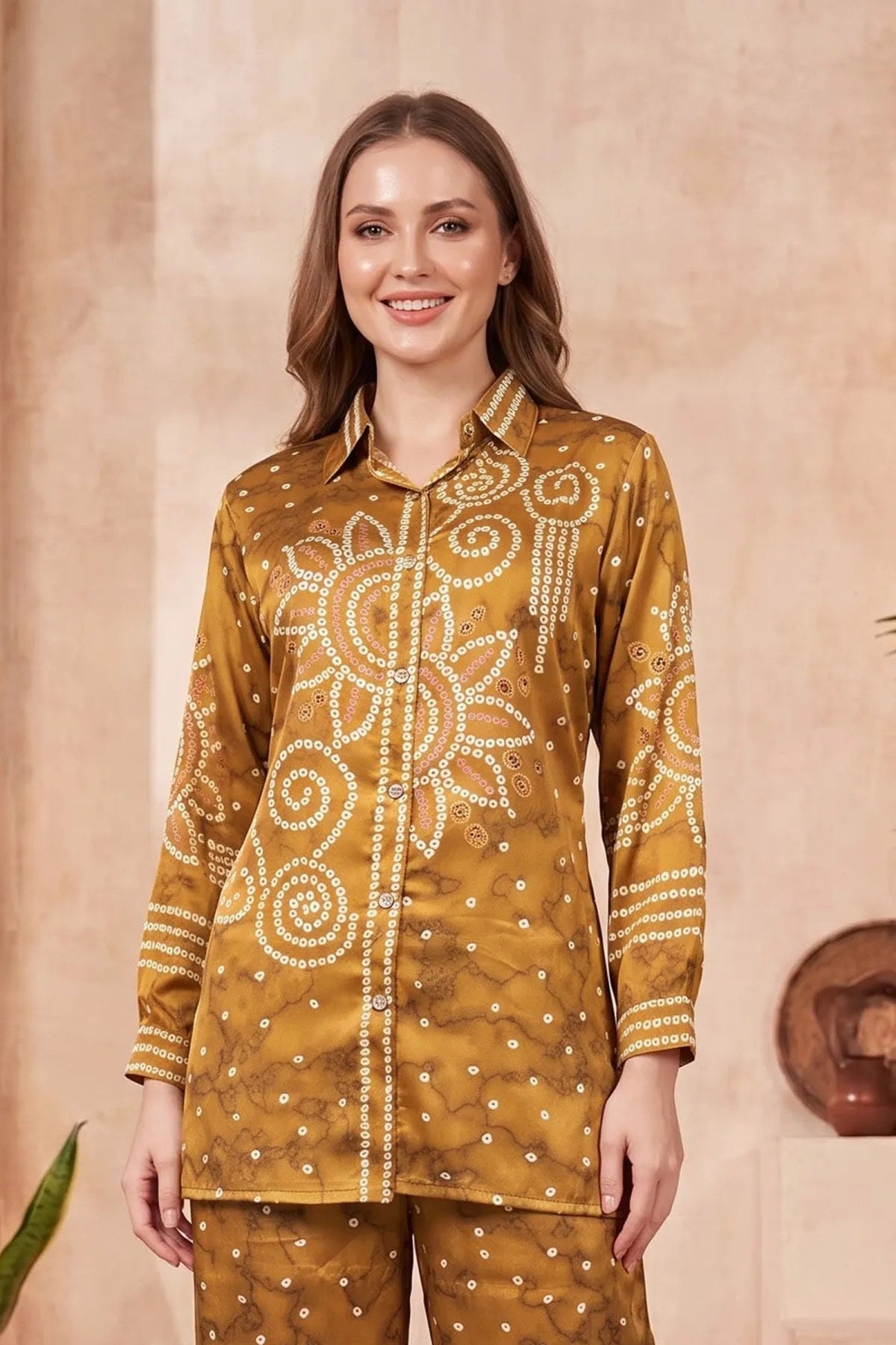 Mustard Modal Crepe Silk Bandhani Print Shirt with Floral Back Panel - Fashionchowk