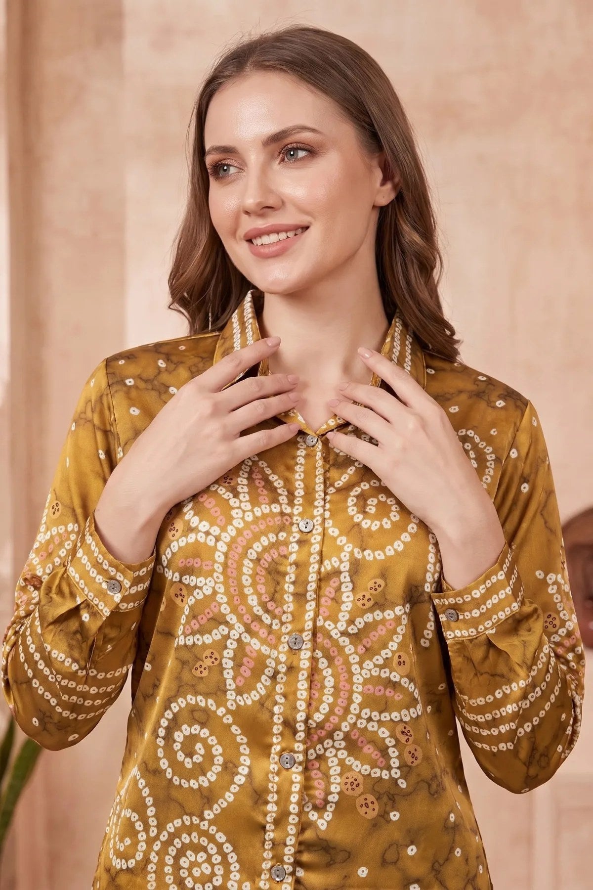 Mustard Modal Crepe Silk Bandhani Print Shirt with Floral Back Panel - Fashionchowk
