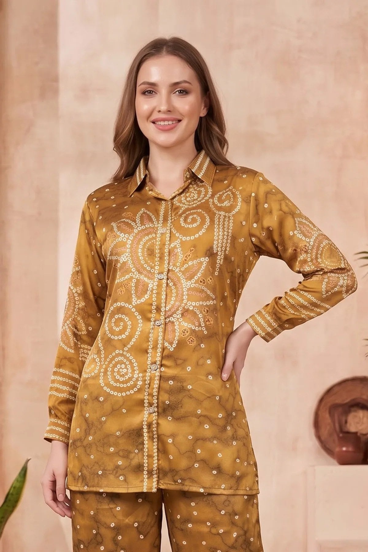 Mustard Modal Crepe Silk Bandhani Print Shirt with Floral Back Panel - Fashionchowk