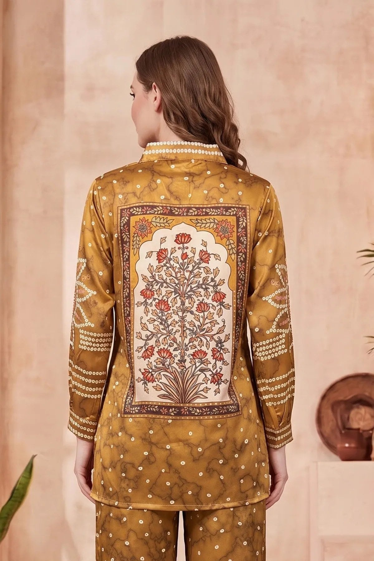 Mustard Modal Crepe Silk Bandhani Print Shirt with Floral Back Panel - Fashionchowk