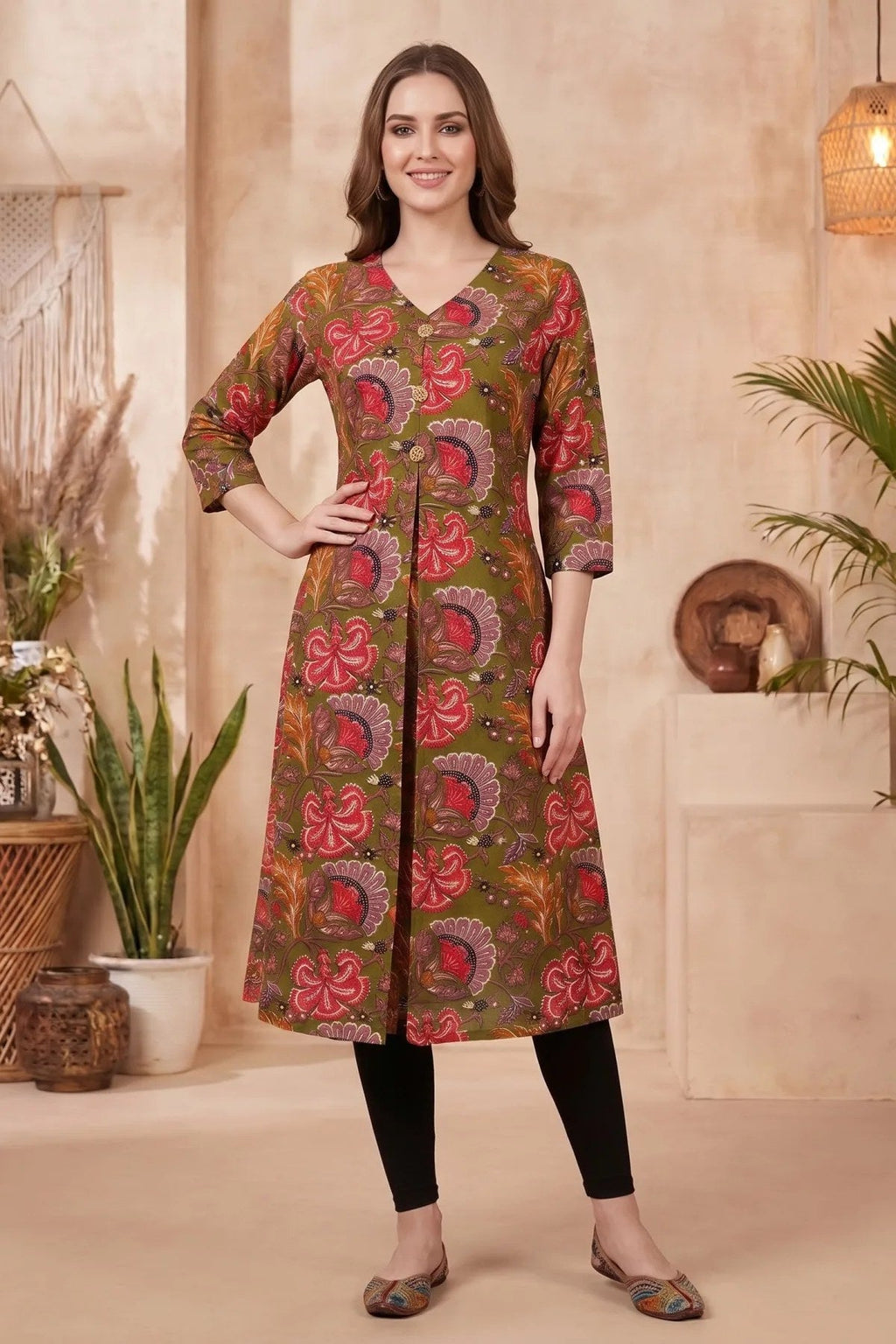 Olive Green Kalamkari Print A Line Long Kurta with V Neck - Fashionchowk