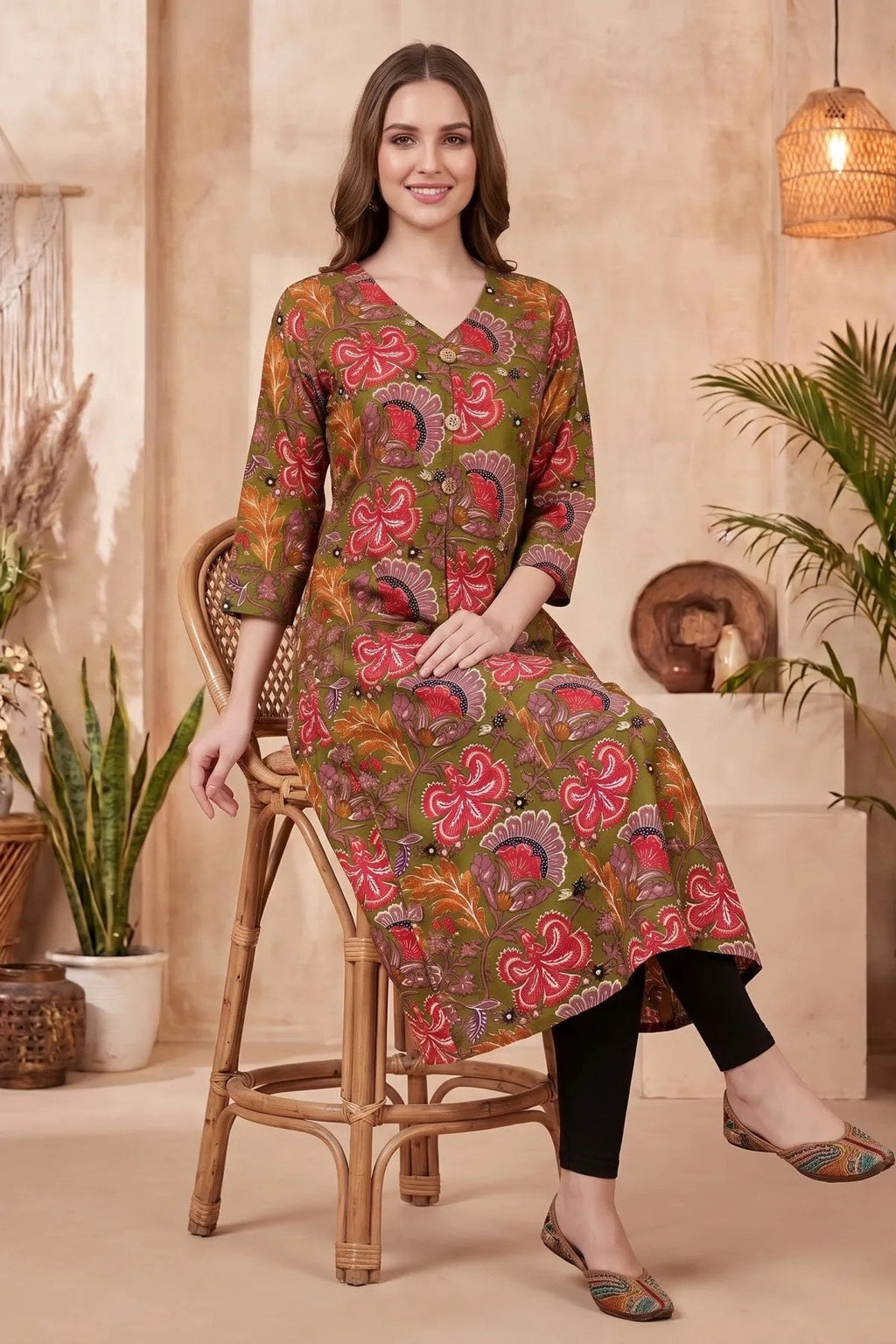 Olive Green Kalamkari Print A Line Long Kurta with V Neck - Fashionchowk