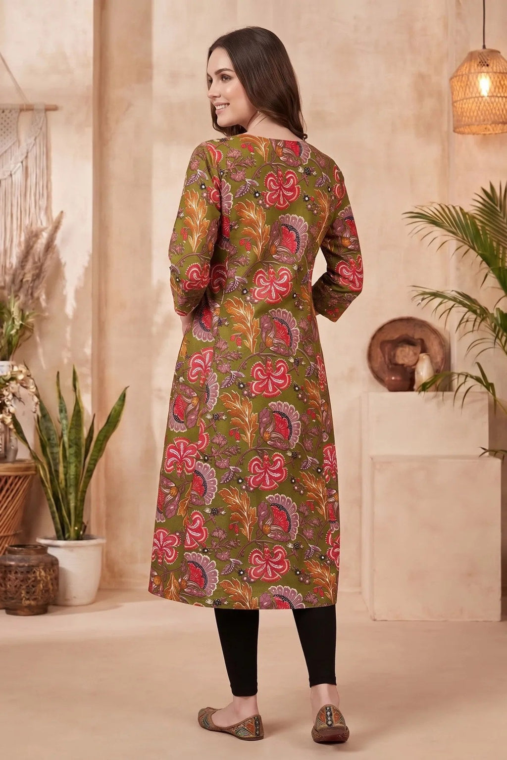 Olive Green Kalamkari Print A Line Long Kurta with V Neck - Fashionchowk