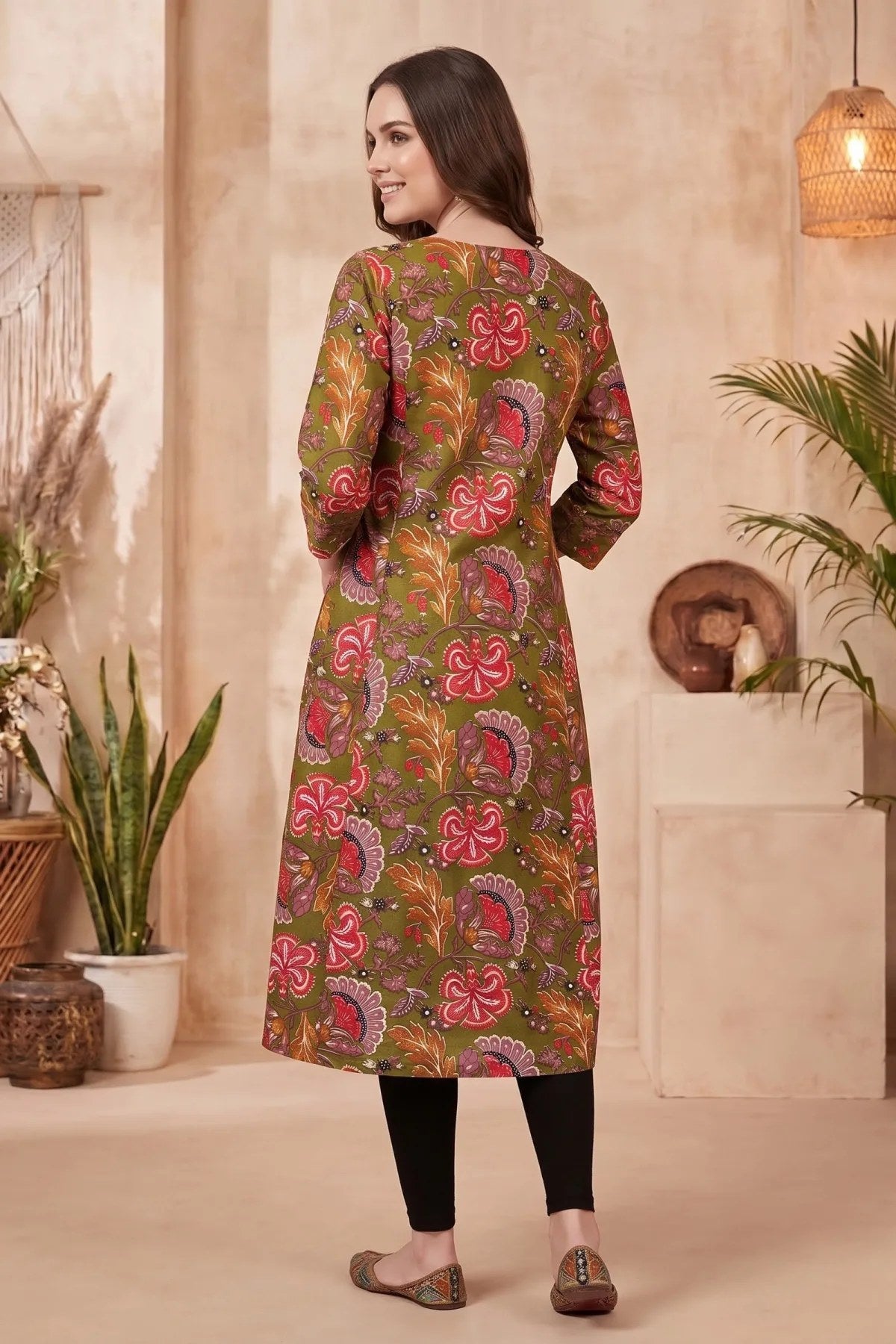 Olive Green Kalamkari Print A Line Long Kurta with V Neck - Fashionchowk