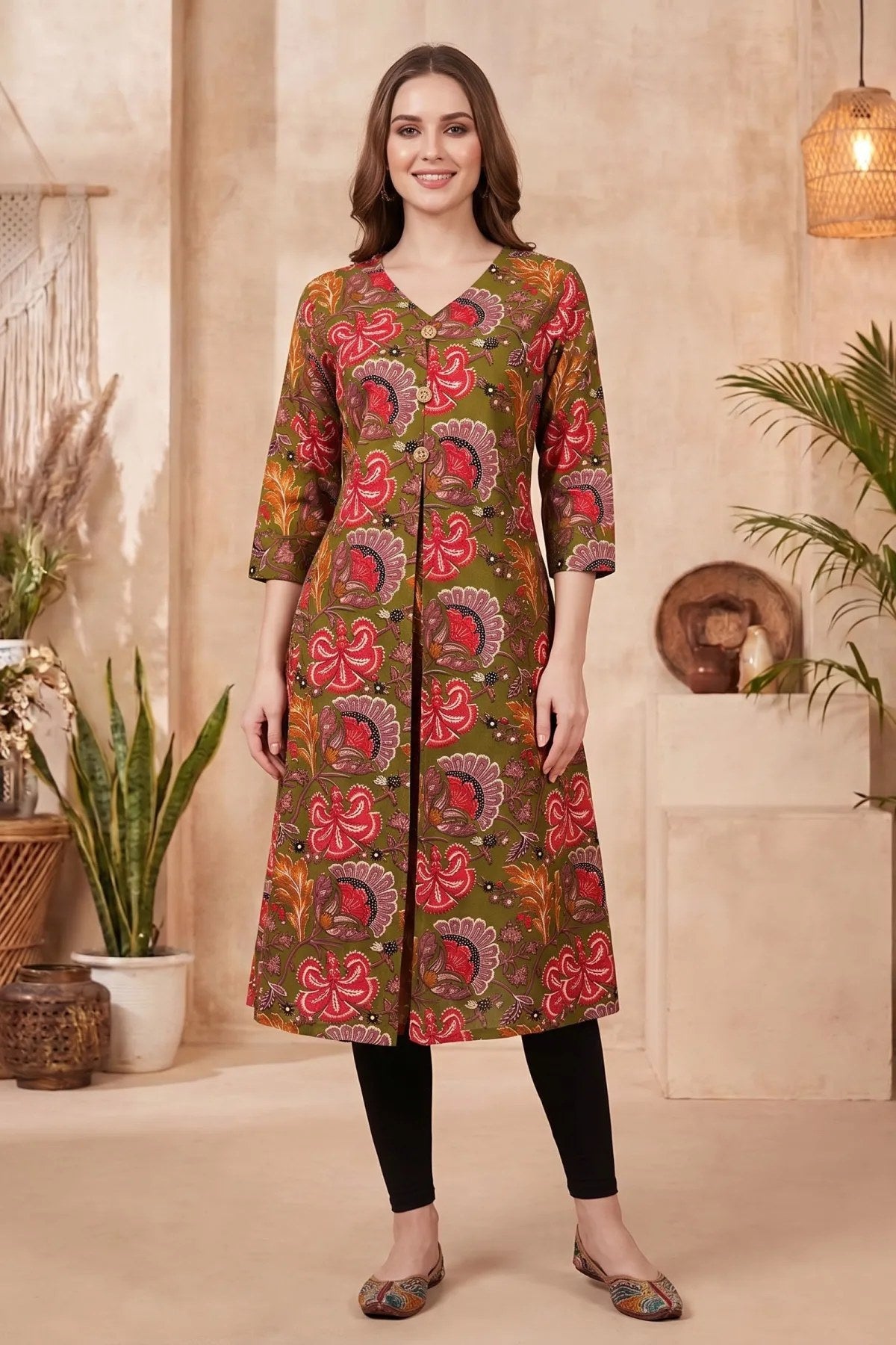 Olive Green Kalamkari Print A Line Long Kurta with V Neck - Fashionchowk