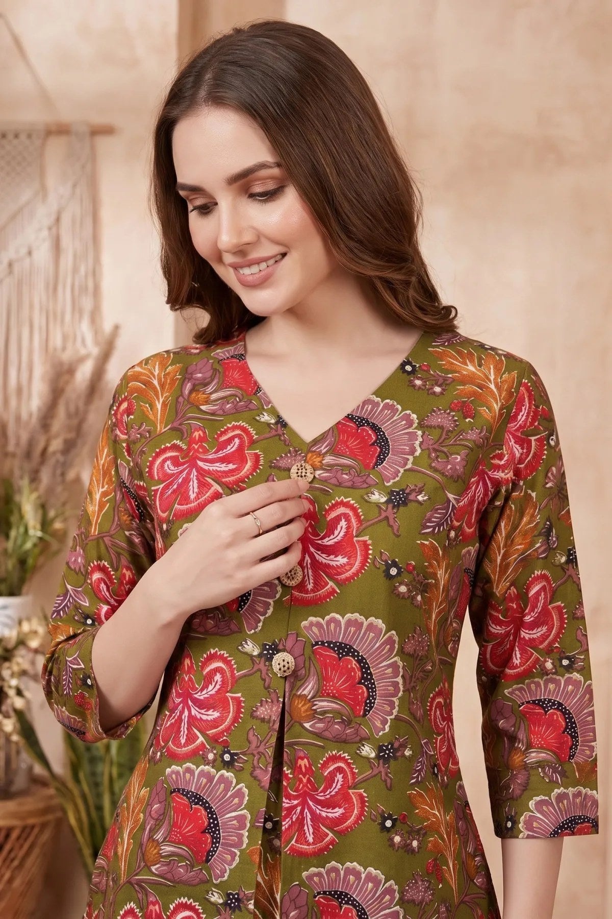 Olive Green Kalamkari Print A Line Long Kurta with V Neck - Fashionchowk