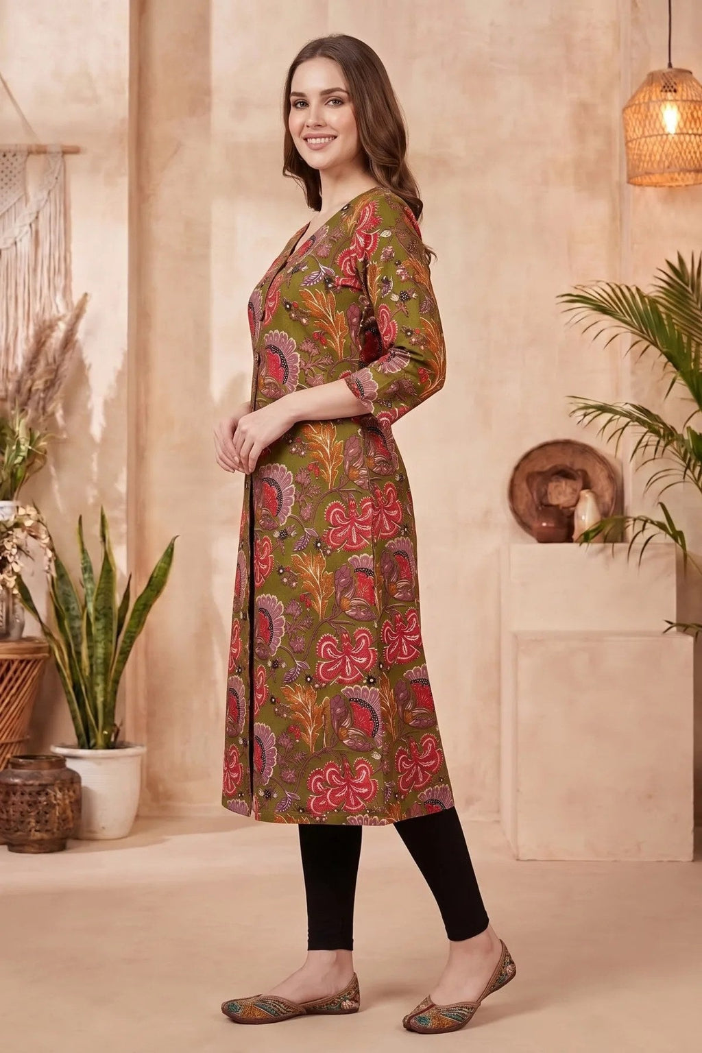Olive Green Kalamkari Print A Line Long Kurta with V Neck - Fashionchowk