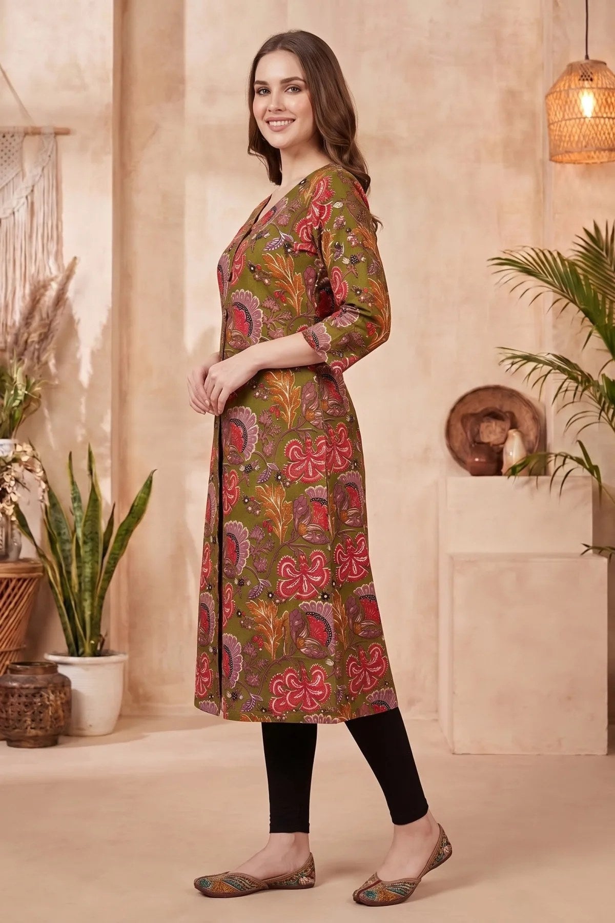 Olive Green Kalamkari Print A Line Long Kurta with V Neck - Fashionchowk
