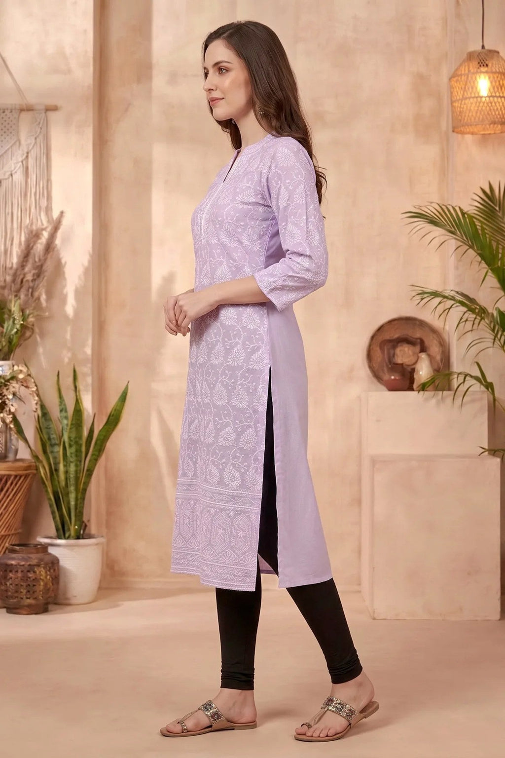 Purple Cotton Long Kurta with Chikankari Embroidery and Band Collar - Fashionchowk