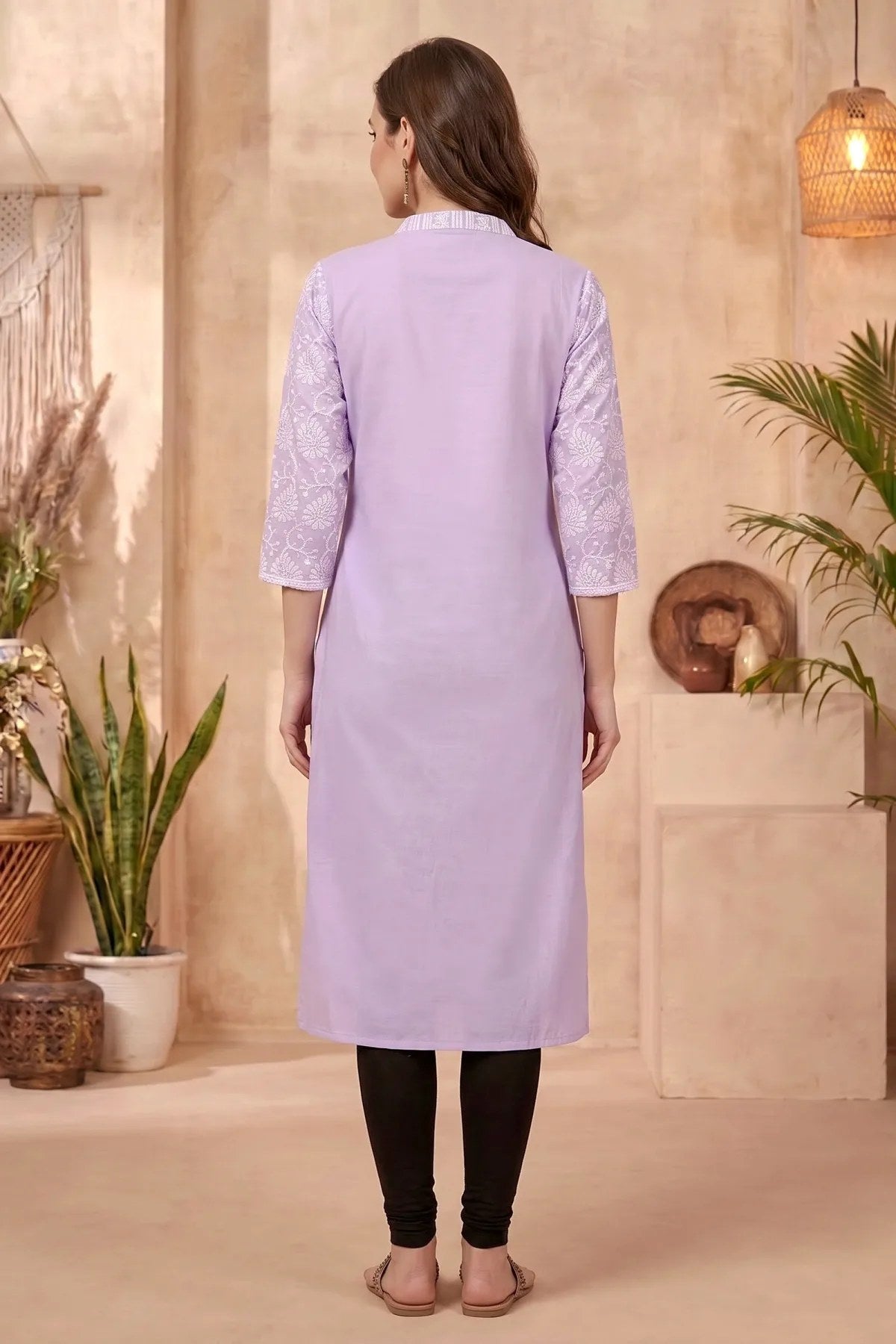 Purple Cotton Long Kurta with Chikankari Embroidery and Band Collar - Fashionchowk