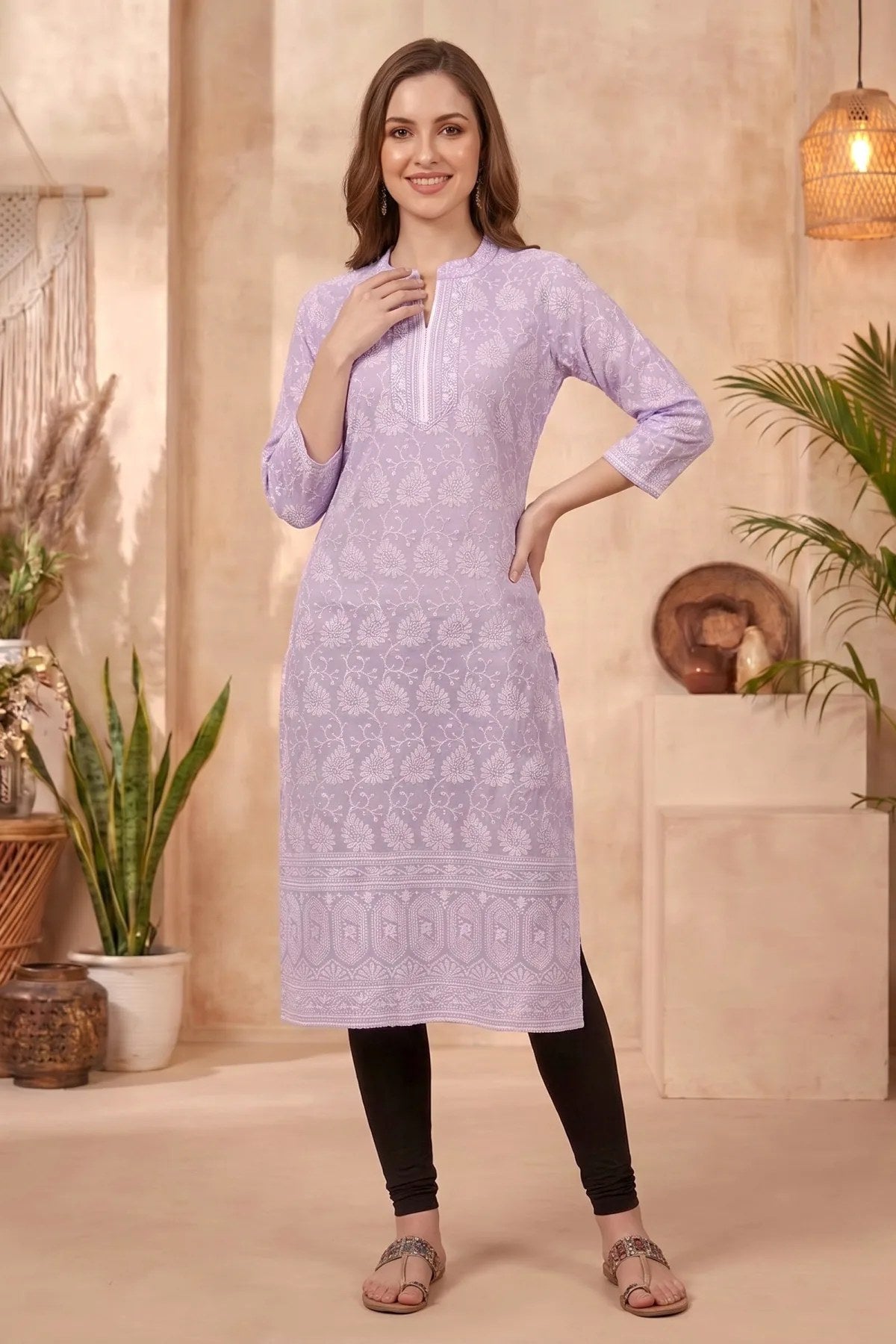 Purple Cotton Long Kurta with Chikankari Embroidery and Band Collar - Fashionchowk