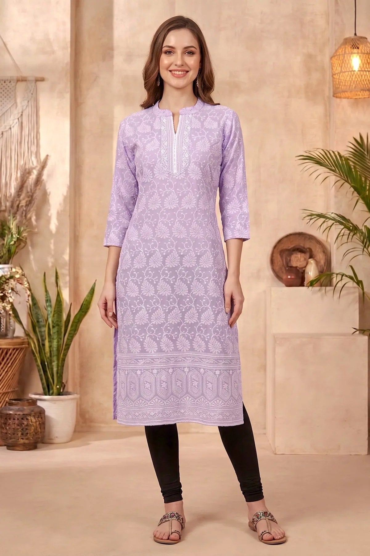 Purple Cotton Long Kurta with Chikankari Embroidery and Band Collar - Fashionchowk