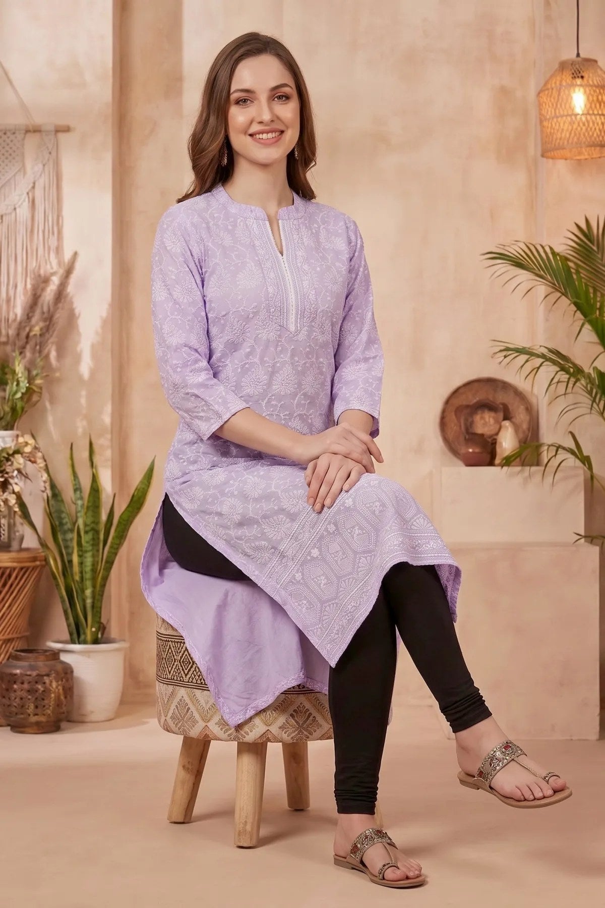 Purple Cotton Long Kurta with Chikankari Embroidery and Band Collar - Fashionchowk
