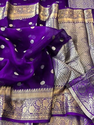 Kora Organza Zari Work Dollar Buti Banarasi Saree