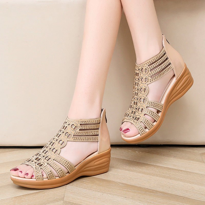 Woman Sandals Women Cyrstal Comfortable Pumps Ladies Fashion Wedges Female Rome Bling Hollow Out Shoes Women's Zip Footwear - Fashionchowk