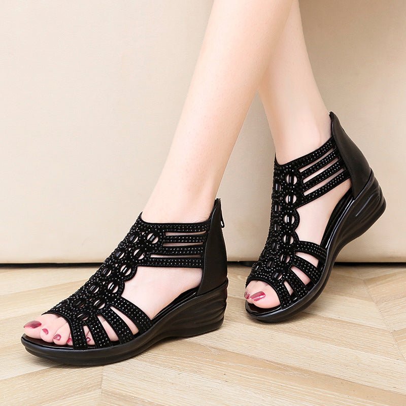 Woman Sandals Women Cyrstal Comfortable Pumps Ladies Fashion Wedges Female Rome Bling Hollow Out Shoes Women's Zip Footwear - Fashionchowk